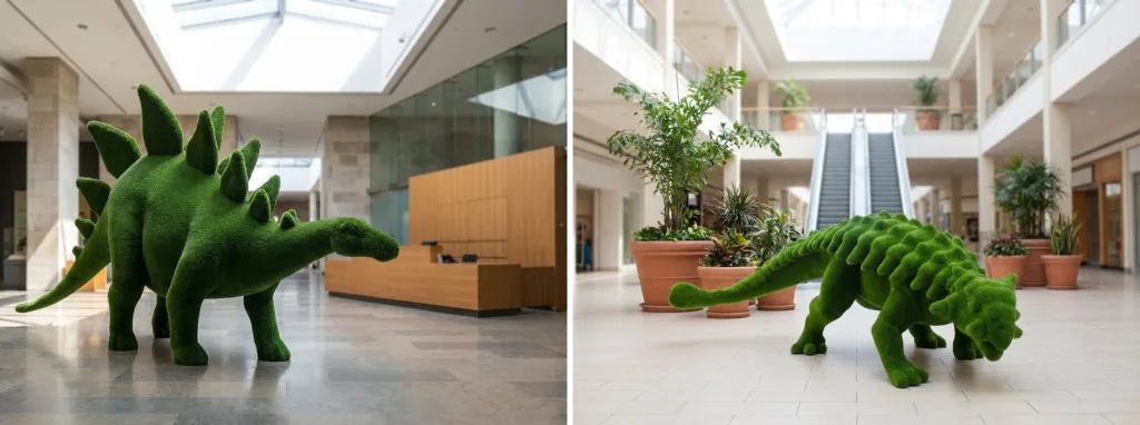 A turf stegosaurus in a bright museum lobby, and a turf dinosaur in a shopping mall atrium beside potted plants.