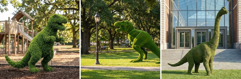 A green T-Rex beside a playground in a leafy park, a turf T-Rex among oak trees and lampposts in a city park, and a tall long-necked dinosaur in front of a glass museum entrance.