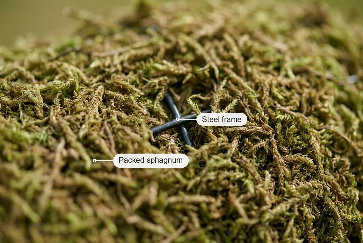 Close-up of packed sphagnum over a steel frame, with the frame visible through a gap and both parts labelled