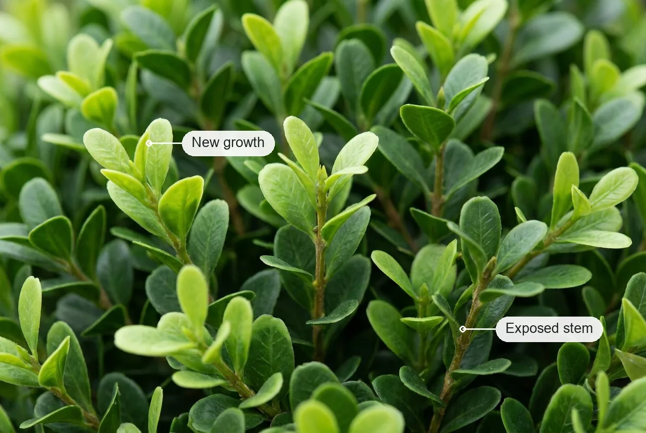 Close-up of artificial boxwood foliage, with the lighter new growth and an exposed stem labelled
