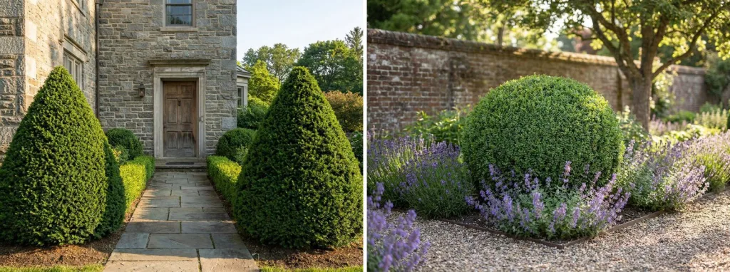 A pair of clipped yew cones either side of a stone path to an old stone house, and a large clipped boxwood ball in a gravel bed among lavender.