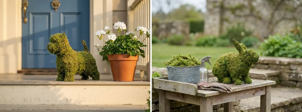 A mossed dog topiary on a porch floor beside a pot of white geraniums, and a mossed bunny beside a tub of fresh sphagnum moss and gloves on a garden table.