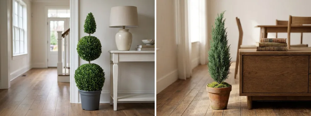 A preserved double ball boxwood topiary in a gray pot beside a console table in a bright hallway, and a small preserved juniper in a terracotta pot beside a wooden sideboard.