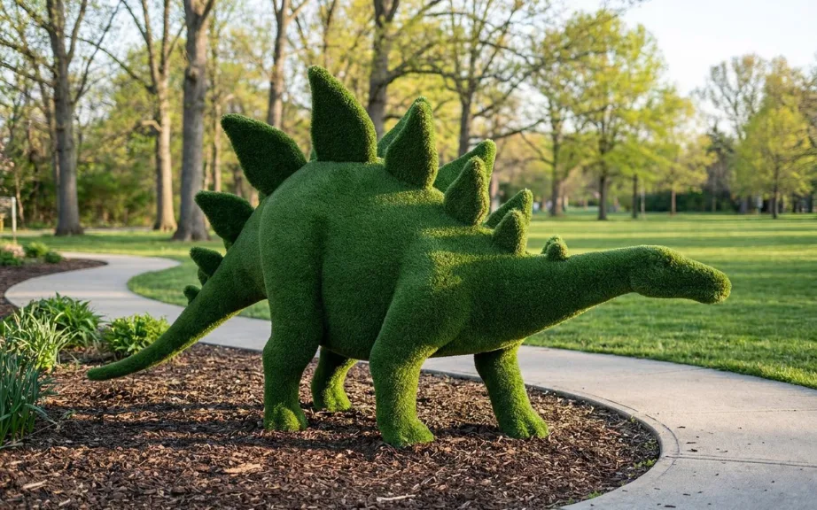 A large green turf-covered stegosaurus sculpture in a mulched bed beside a curving park path.