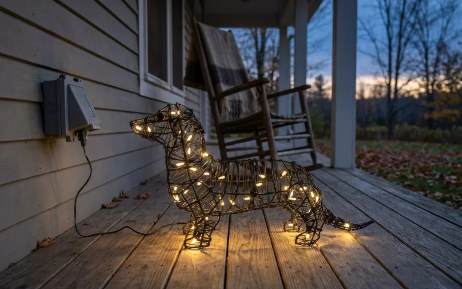 A lighted wire dachshund on a wooden porch at dusk, its cord running to a covered outdoor outlet on the house wall, with a rocking chair behind.