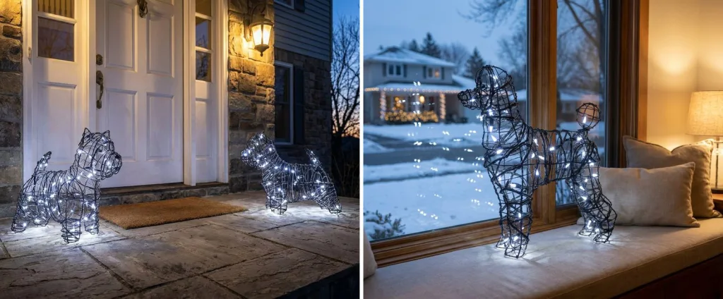 A pair of lighted wire westie topiaries glowing white either side of a front door on a stone porch at dusk, and a lighted wire poodle standing on a window seat facing a snowy street.