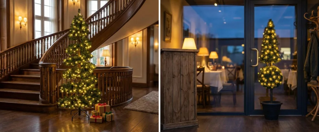 A tall pre-lit spiral tree glowing in the curve of a grand staircase in a hotel hall, and a pre-lit topiary glowing inside the glass door of a restaurant at dusk.