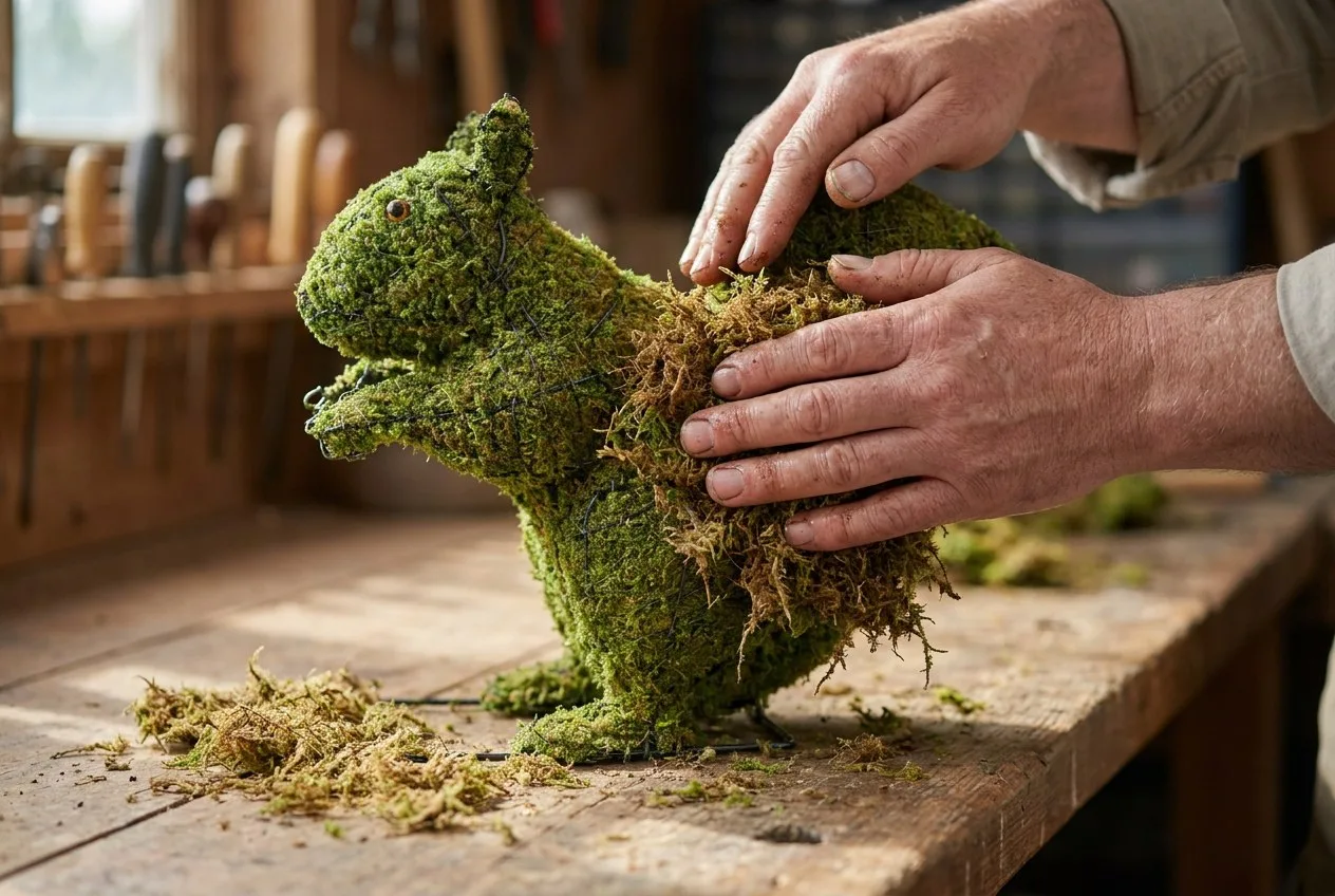 Two hands pressing damp sphagnum moss onto the flank of a wire-framed animal topiary on a workbench