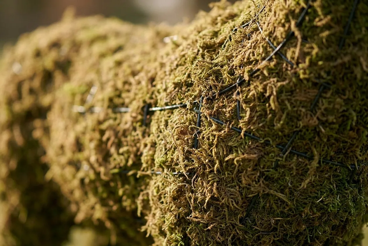 Close-up of packed sphagnum moss on a wire-framed animal, single fibres visible and the frame beneath them