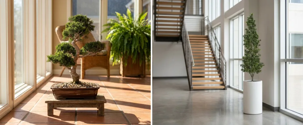 An artificial cedar bonsai in a brown glazed tray on a low wooden stand in a sunroom with strong afternoon sun on a terracotta floor, and a tall artificial tree in a white planter beside the glass wall of a sunny office lobby.