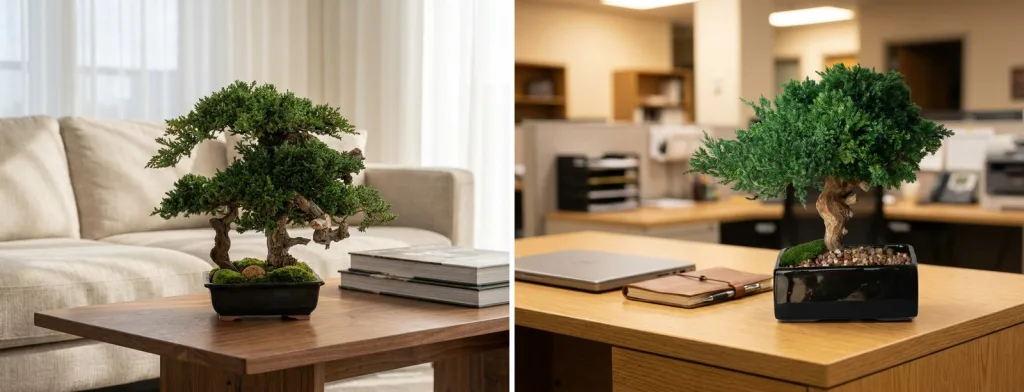 A preserved juniper bonsai in a black tray on a walnut coffee table in a bright living room, and a preserved bonsai in a black glazed pot on an office desk beside a laptop.