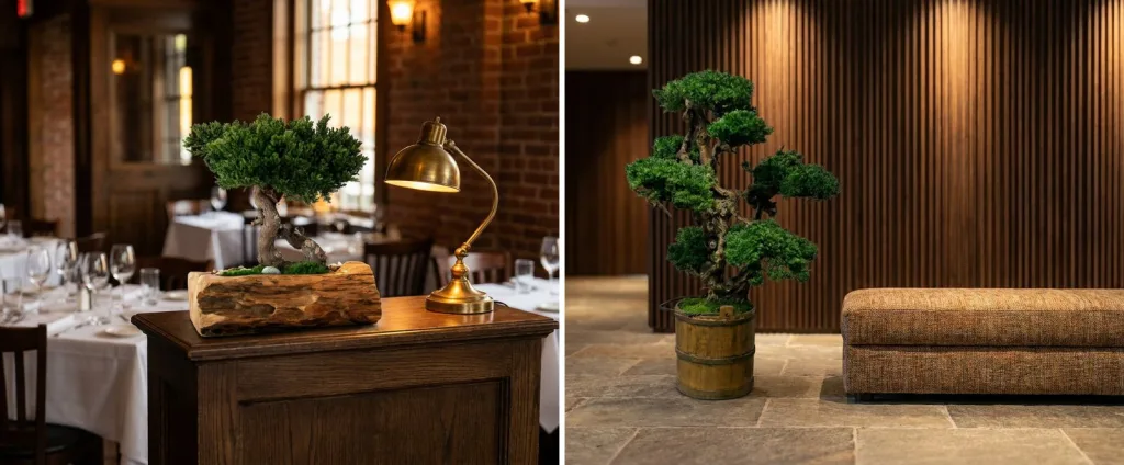 A preserved juniper bonsai in a carved teak bowl on a host stand in a restaurant dining room, and a tall preserved bonsai on the stone floor of a hotel lobby.