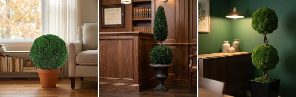 A preserved juniper globe in a terracotta pot by a living room window, a preserved juniper ball and cone topiary in an urn in a wood-paneled office, and a preserved moss double ball on a twisted stem in a dining room.