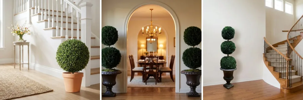 A single preserved ball in a terracotta pot at the foot of a staircase, a pair of preserved double ball topiaries in urns either side of an arched doorway, and a preserved triple ball in an urn in a tall foyer.