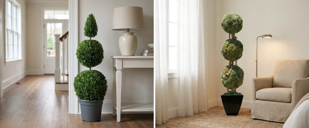 A preserved boxwood double ball and cone topiary in a gray pot in a hallway beside a white console, and a preserved moss triple ball in a black planter in a bedroom corner by a window with sheer curtains.