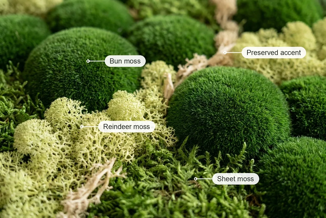 Close-up of a preserved moss panel with bun moss, reindeer moss, sheet moss and pale preserved accents labelled