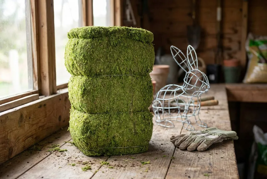 A bale of green sphagnum moss on a potting bench beside a bare wire topiary frame