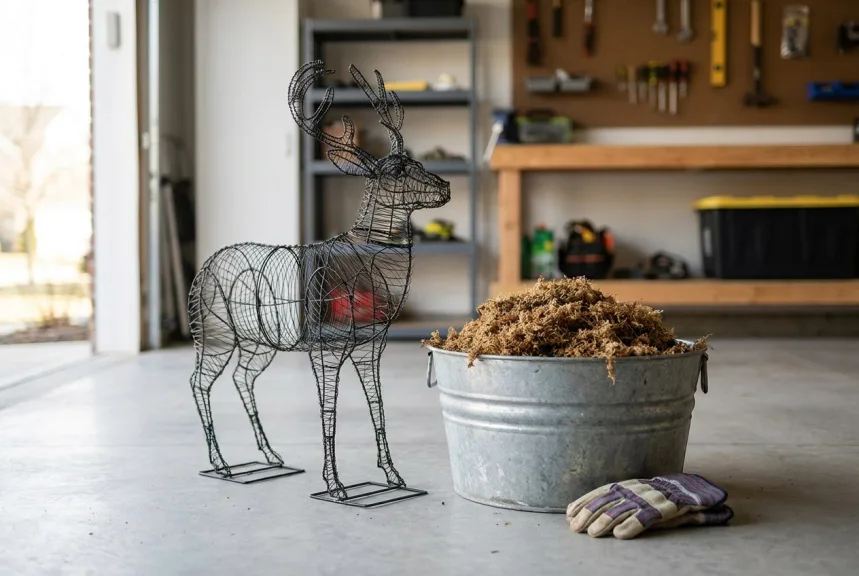 A bare wire deer topiary frame beside a tub of loose sphagnum moss in a garage