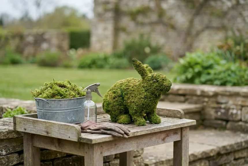 A mossed rabbit topiary on a potting bench beside a tub of fresh sphagnum moss