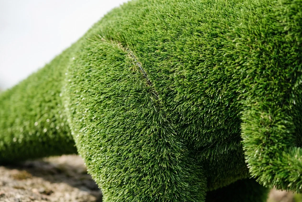 Short green artificial turf close up, stretched over the curve of a sculpture, with a seam showing between two panels