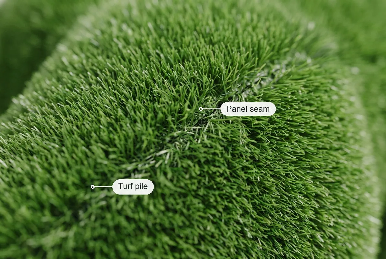 Close-up of artificial turf over a curved sculpture with a panel seam labelled