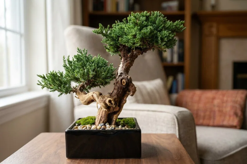 A close view of a preserved juniper bonsai with a twisting, knotted grape wood trunk in a black pot dressed with moss and pebbles, on a walnut side table in a living room.