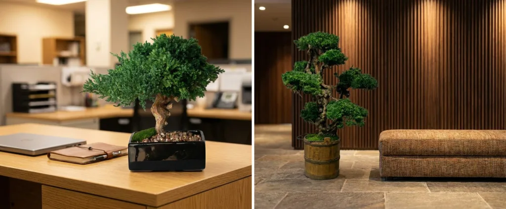 A preserved bonsai on an office desk under ceiling lights, and a tall preserved bonsai on the stone floor of a hotel lobby with no window.