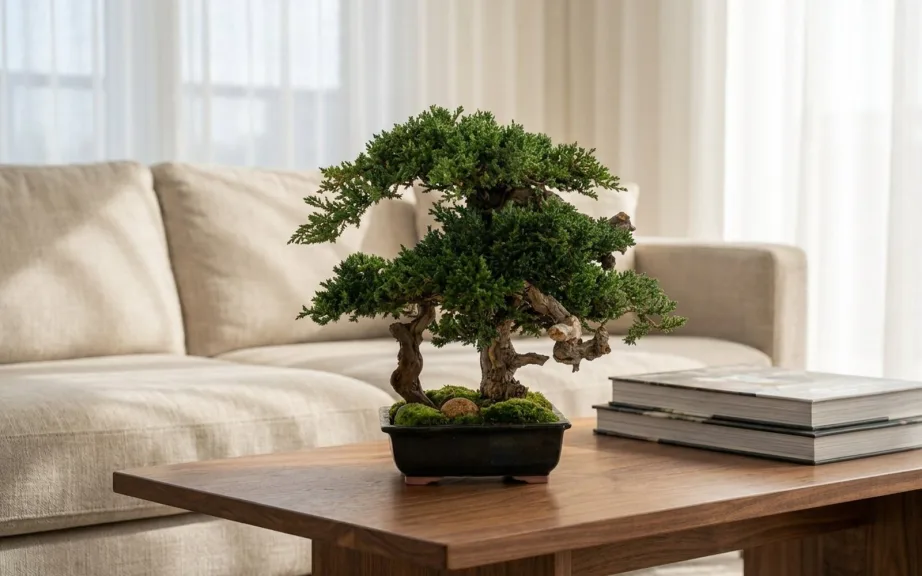 A preserved juniper bonsai with a twisting natural wood trunk in a black tray on a walnut coffee table in a bright living room, beside a stack of books.