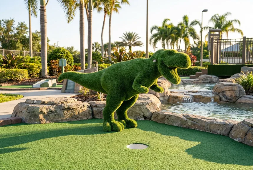 A green turf T-Rex sculpture standing beside a mini golf hole with rocks