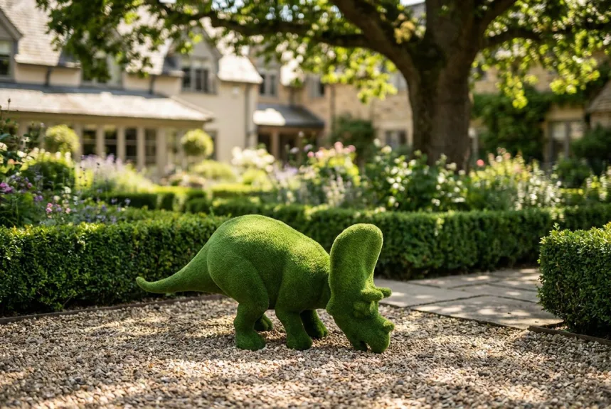 A green turf triceratops sculpture in the dappled shade of an oak in a courtyard garden