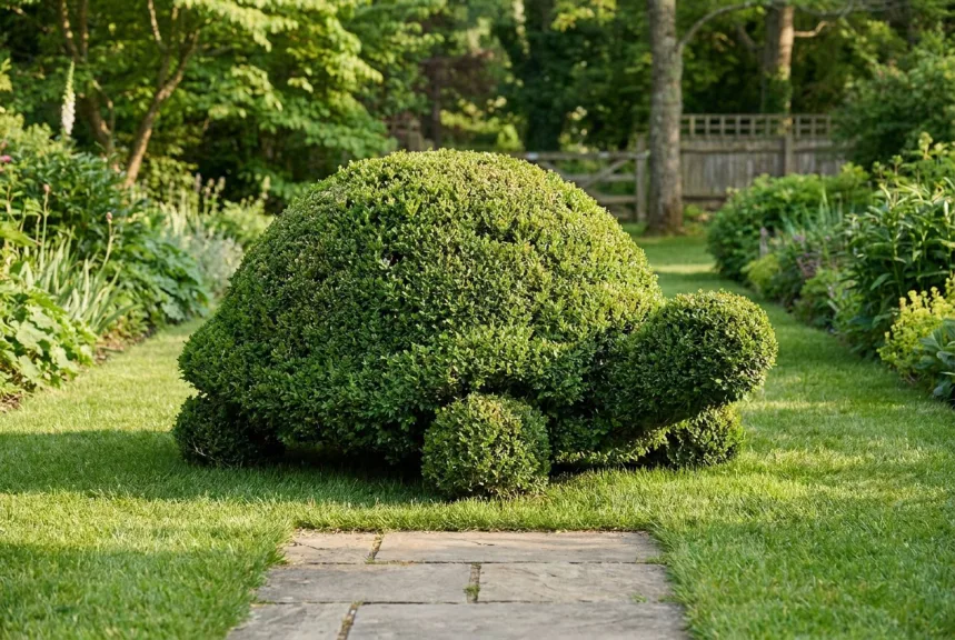 Concept rendering of a live boxwood tortoise with a domed, clipped shell on a lawn