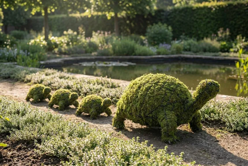 Concept rendering of a mossed mother turtle followed by small baby turtles along a path