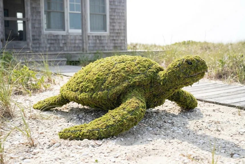 Concept rendering of a large mossed sea turtle with long flippers in a coastal garden