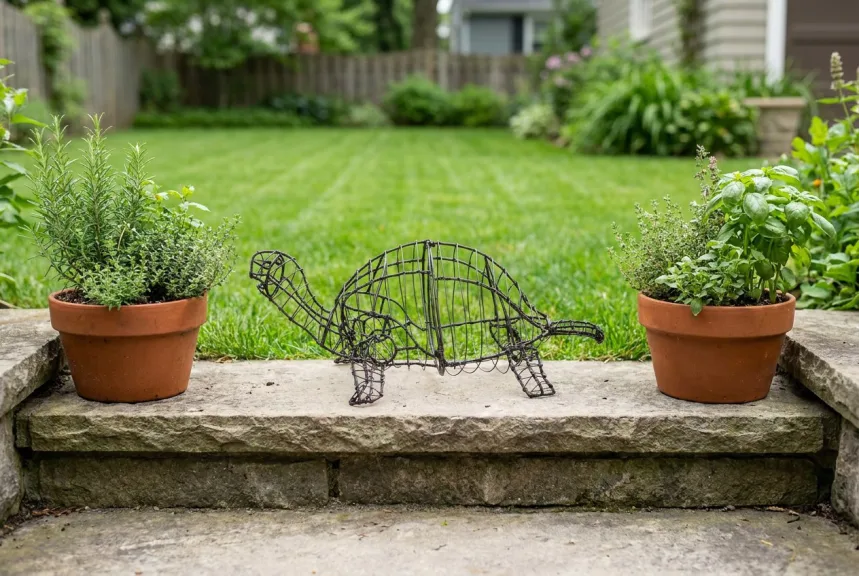 A bare black wire turtle frame sitting on a stone garden step beside terracotta pots