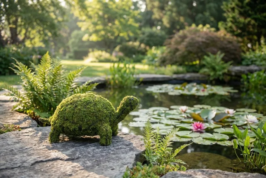 Mossed turtle topiary on a flat stone at the edge of a lily pond