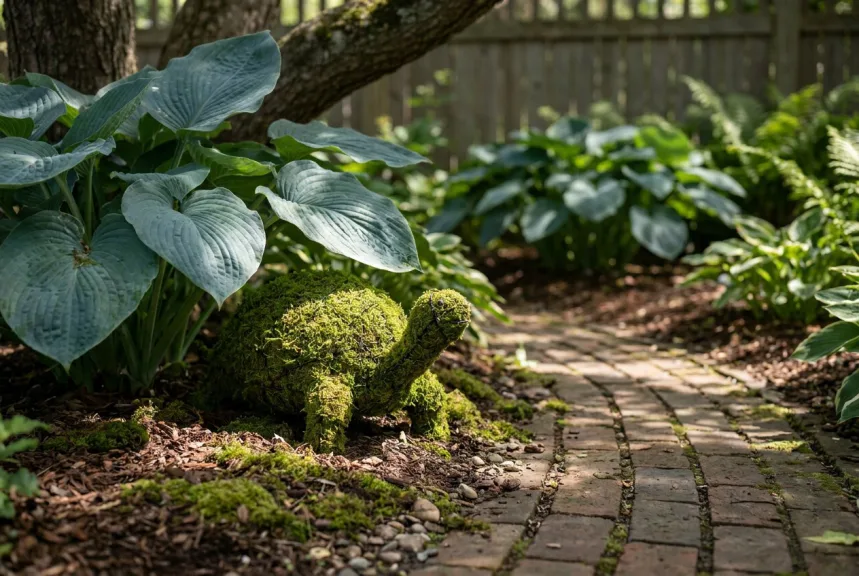 A mossed turtle topiary at the front of a shady border under hostas beside a path