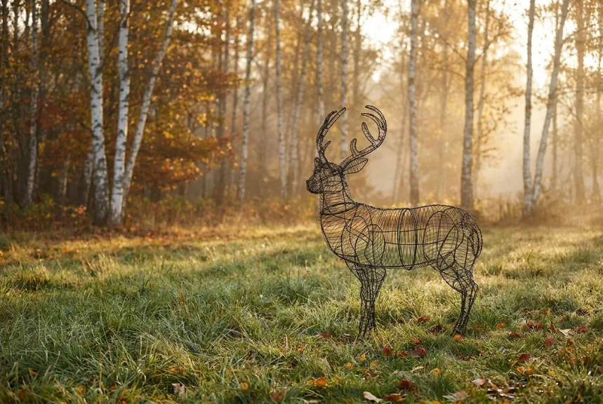 A bare steel deer topiary frame with antlers standing on a lawn near woodland