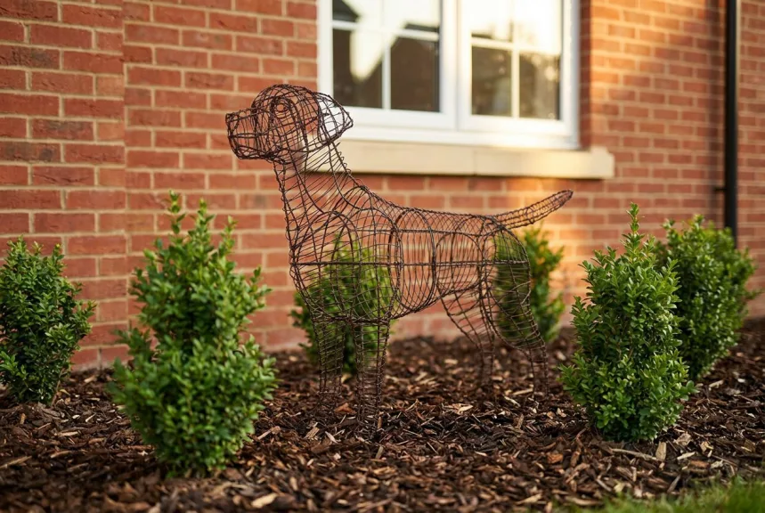 A bare wire Labrador topiary frame standing in a garden bed among young boxwood shrubs