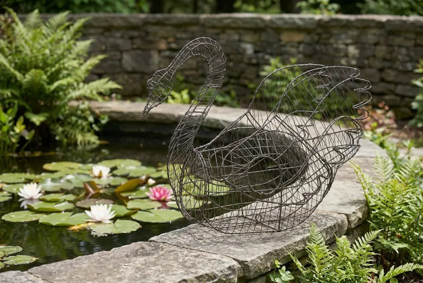A bare steel swan topiary frame on the stone edge of a garden pond