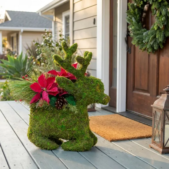 Moss reindeer planter on a front porch beside a door with a holiday wreath